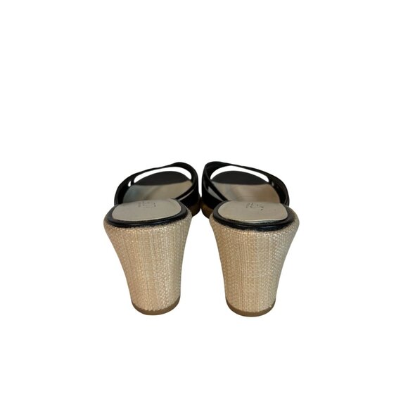 Ann Taylor Loft Leather Black Strappy Wedge Sandals Open Toe Womens 8 Woven Heel - Picture 4 of 12